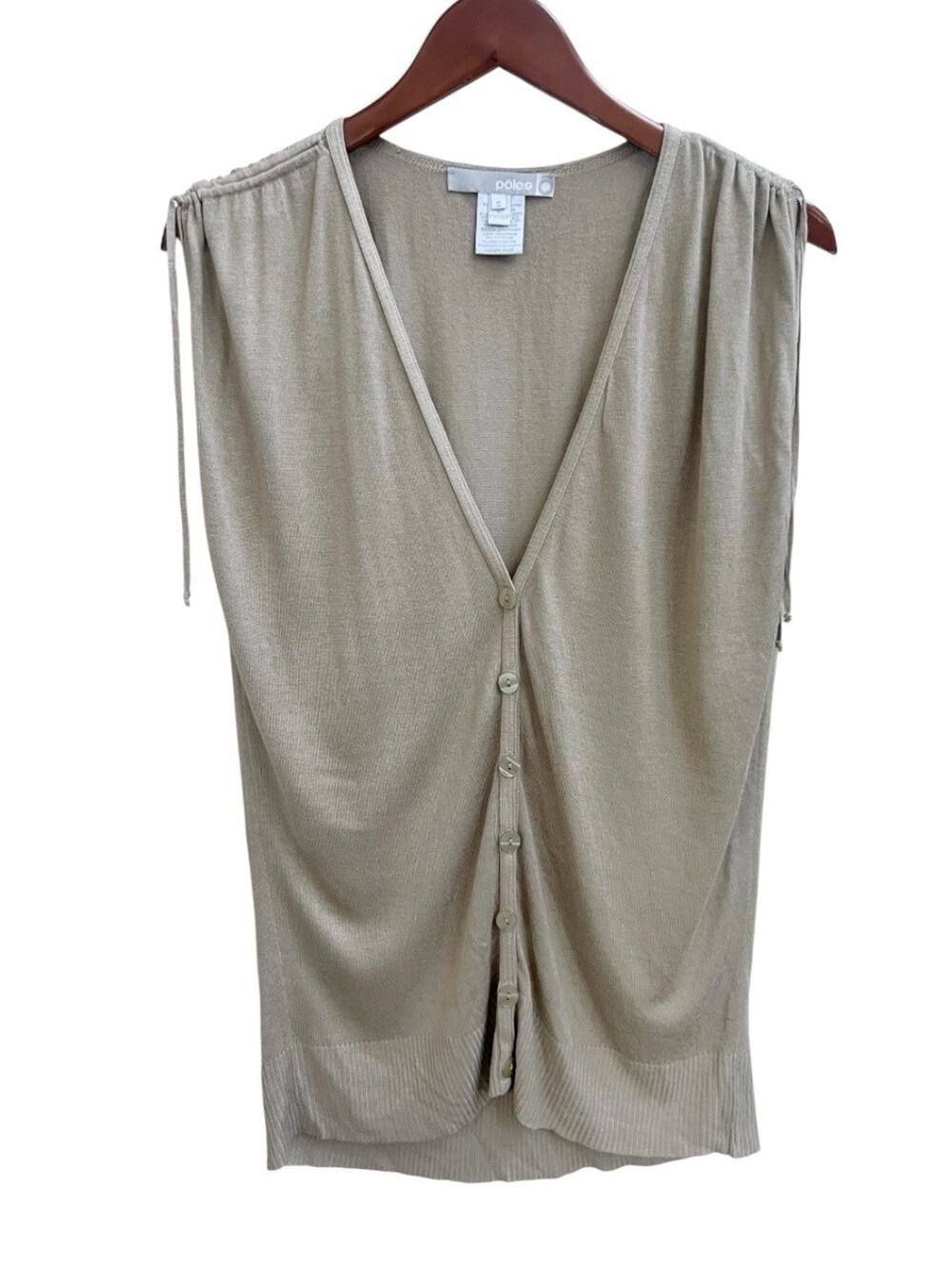 Poles Paris Women Sz S Vest Blouse Taupe V Neck Silk Blend Layering Coastal